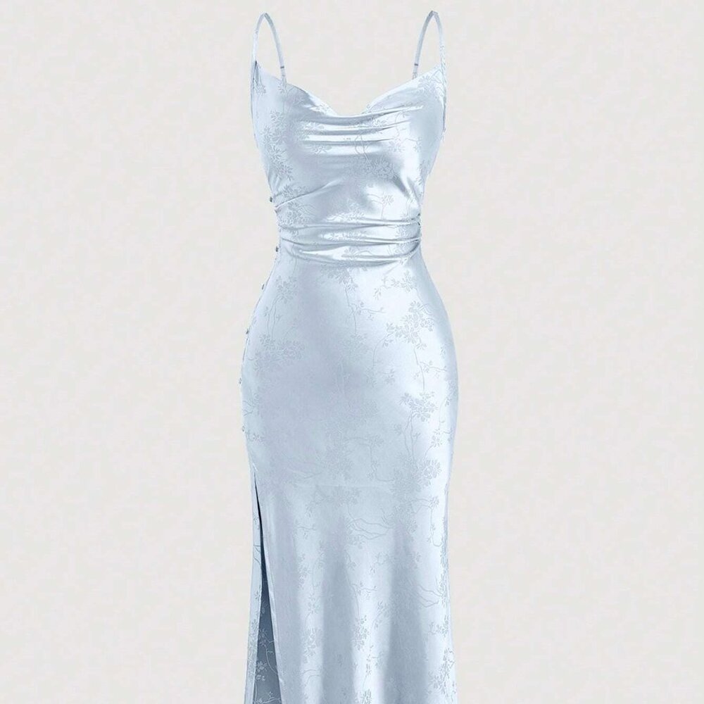 Ice Blue Satin Slip Dress Cinched Waist Split Front Floral Print Spaghetti Strap